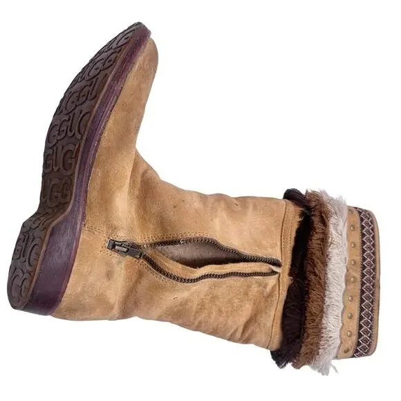 UGG 'Kiera' WOMEN's Tan Suede Shearling Lined Fringe Boho Knee-High Boots SIZE 8 - Picture 7 of 14